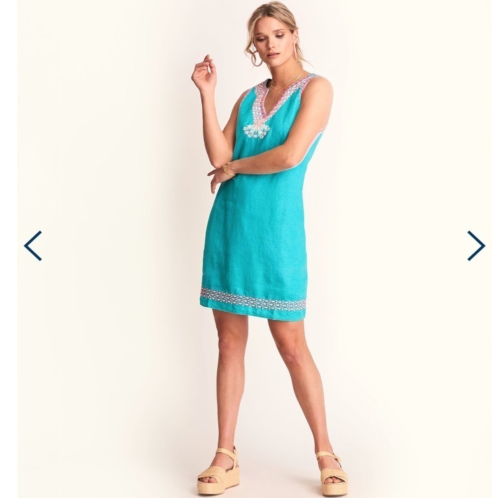 NWT Hatley 100% Linen Embroidered Portia Sheath Dress Bright Teal Blue Medium